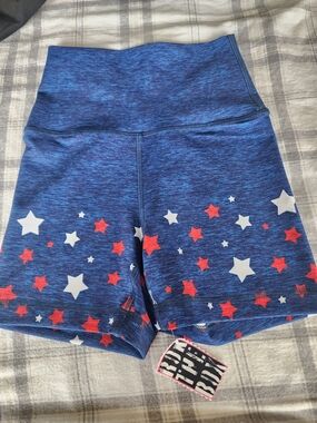 High-Waist Blue Star Print Girls Patriotic Performance Shorts XS